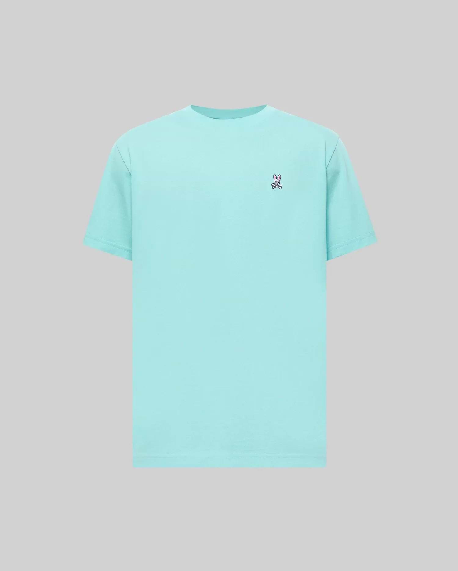 Aqua Mens Classic Crew Neck Tee in smooth jersey knit, featuring a small, embroidered Psycho Bunny skull logo with pink and white accents on the left chest, classic fit. (1)