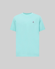 Aqua Mens Classic Crew Neck Tee in smooth jersey knit, featuring a small, embroidered Psycho Bunny skull logo with pink and white accents on the left chest, classic fit. (1)