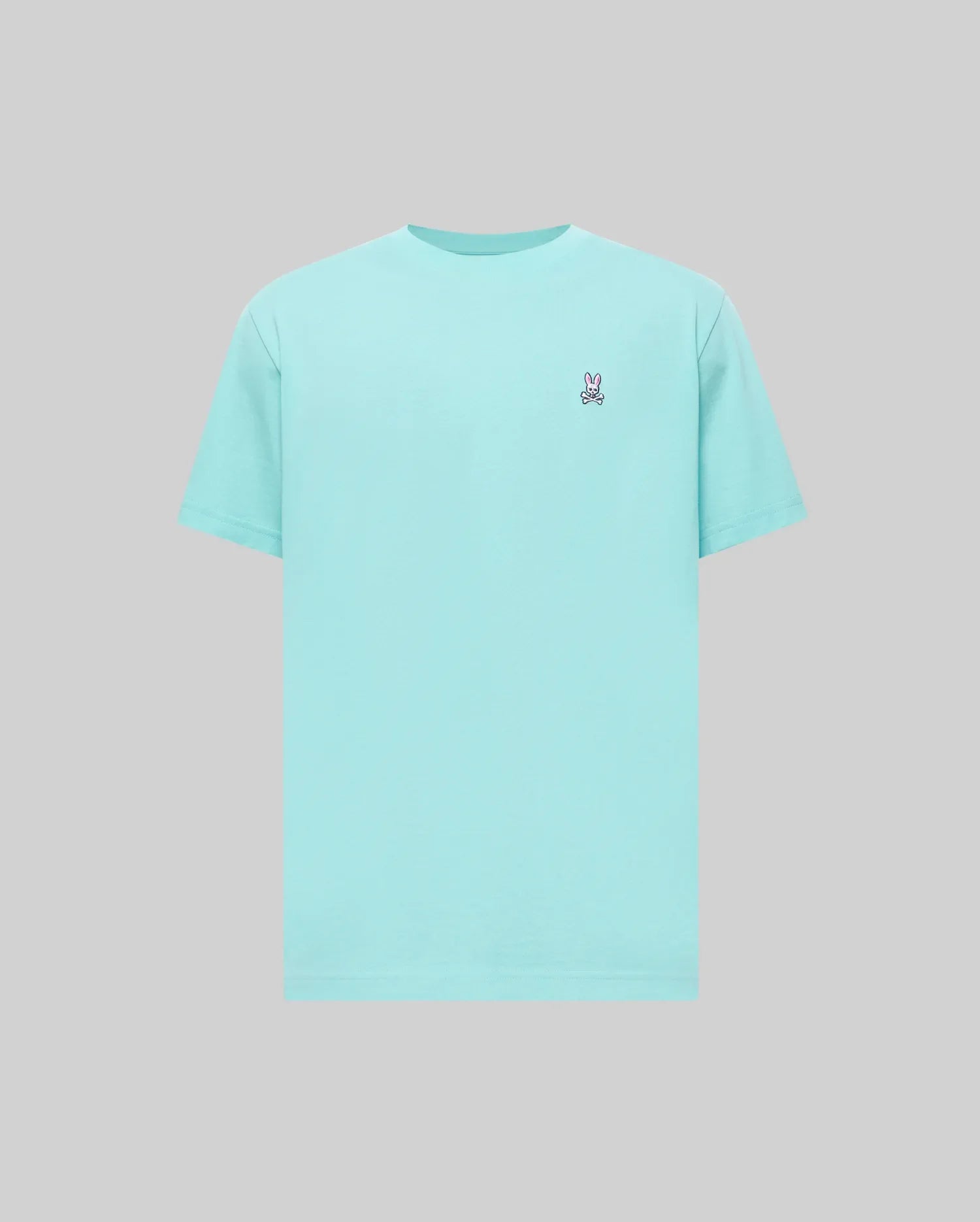 Aqua Mens Classic Crew Neck Tee in smooth jersey knit, featuring a small, embroidered Psycho Bunny skull logo with pink and white accents on the left chest, classic fit. (1)