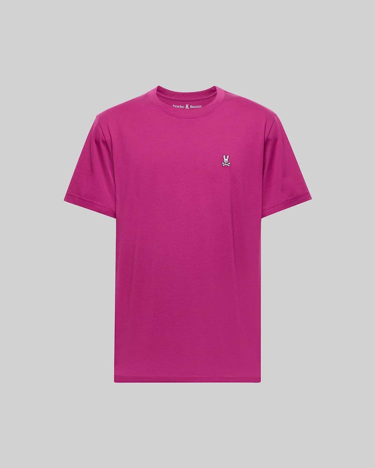 The Psycho Bunny MENS CLASSIC CREW NECK TEE - B6U014F200 is a bright magenta Pima cotton men's tee with a small white embroidered bunny logo on the left chest, shown against a light gray background.
