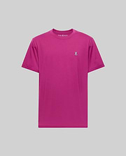 The Psycho Bunny MENS CLASSIC CREW NECK TEE - B6U014F200 is a bright magenta Pima cotton men's tee with a small white embroidered bunny logo on the left chest, shown against a light gray background.
