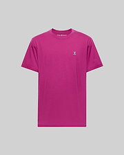 The Psycho Bunny MENS CLASSIC CREW NECK TEE - B6U014F200 is a bright magenta Pima cotton men's tee with a small white embroidered bunny logo on the left chest, shown against a light gray background.