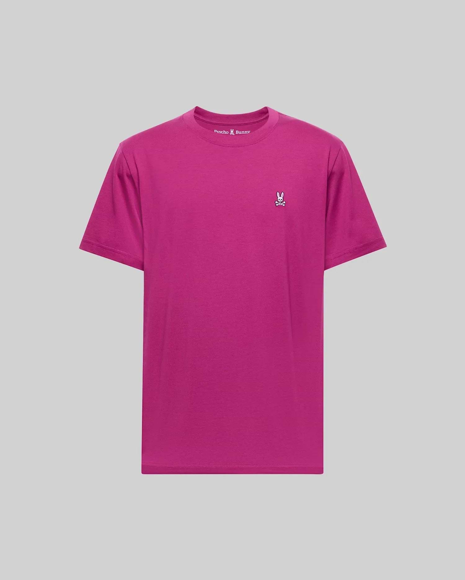 The Psycho Bunny MENS CLASSIC CREW NECK TEE - B6U014F200 is a bright magenta Pima cotton men's tee with a small white embroidered bunny logo on the left chest, shown against a light gray background.