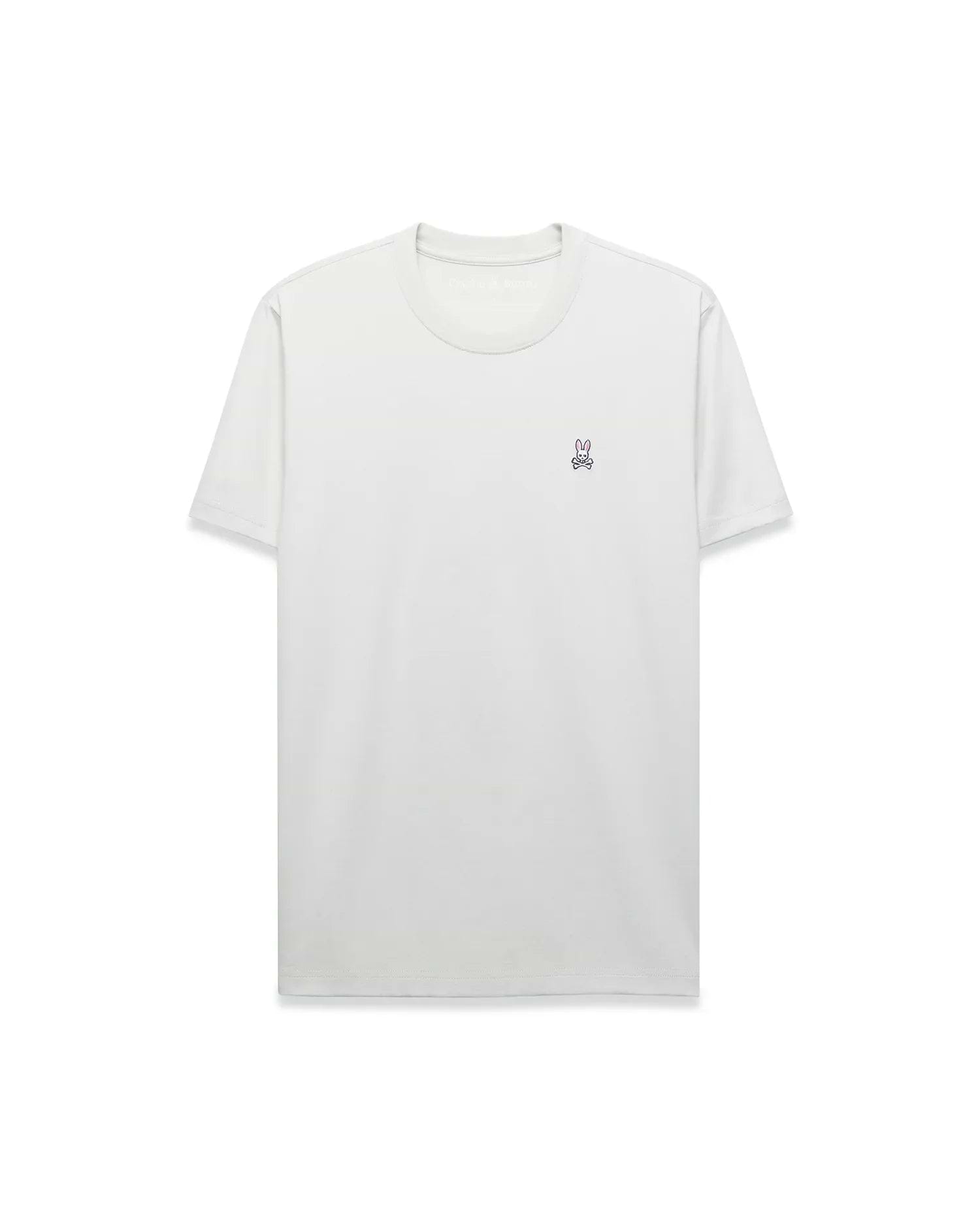 Mens Classic Crew Neck Tee in light grey, featuring a smooth jersey knit, classic fit, and a small embroidered purple and blue Psycho Bunny skull logo on the left chest. (1)