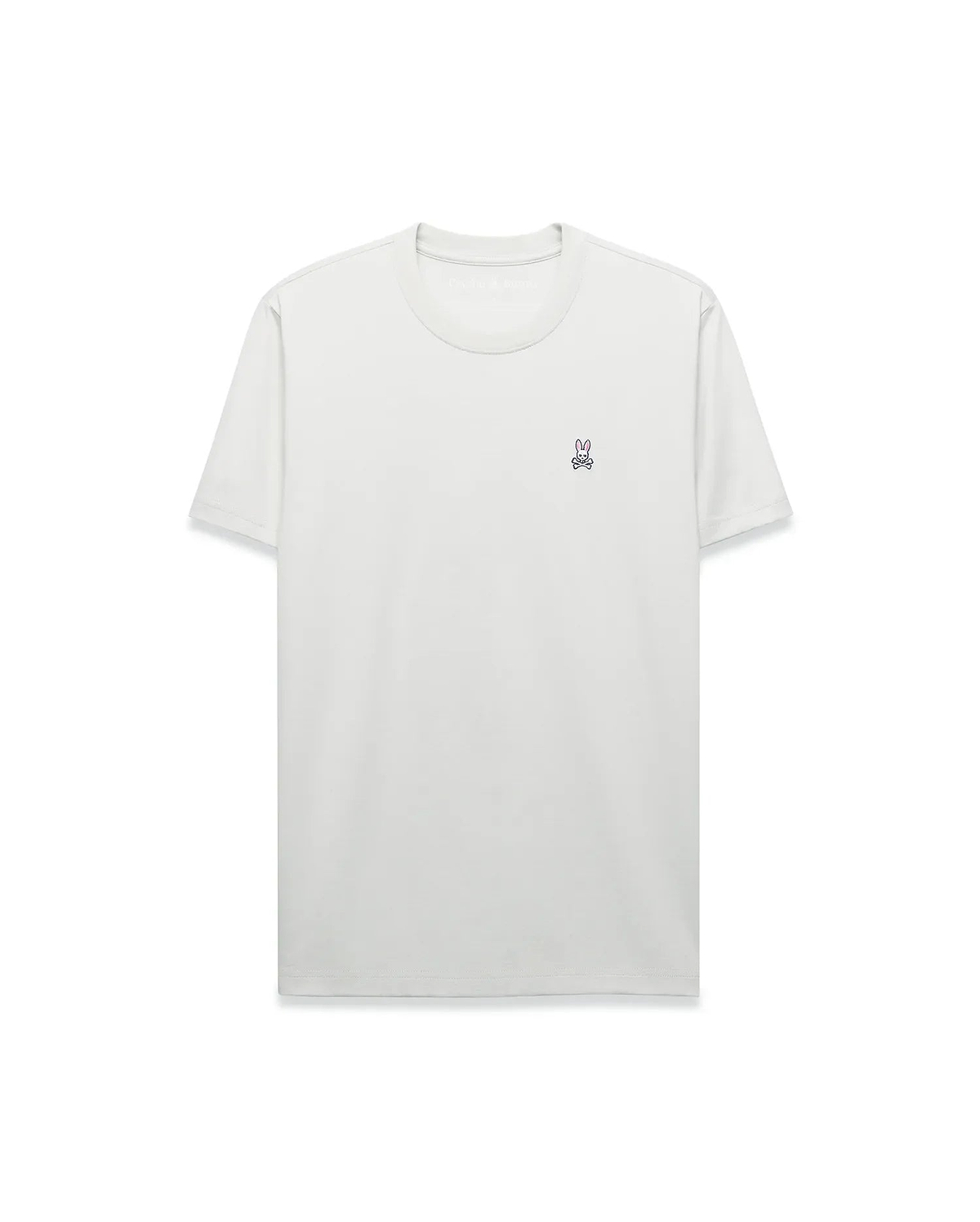 Mens Classic Crew Neck Tee in light grey, featuring a smooth jersey knit, classic fit, and a small embroidered purple and blue Psycho Bunny skull logo on the left chest. (1)