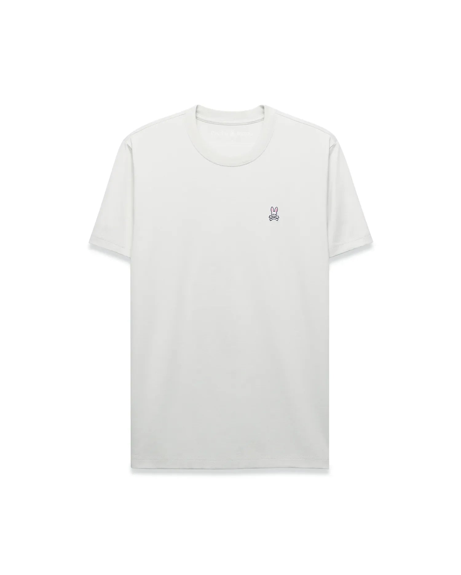 Mens Classic Crew Neck Tee in light grey, featuring a smooth jersey knit, classic fit, and a small embroidered purple and blue Psycho Bunny skull logo on the left chest. (1)