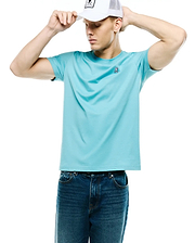 Mens Classic Crew Neck Tee in aqua blue, featuring a classic fit, smooth jersey fabric, raglan sleeves, and a small embroidered Psycho Bunny skull logo on the left chest. (3)