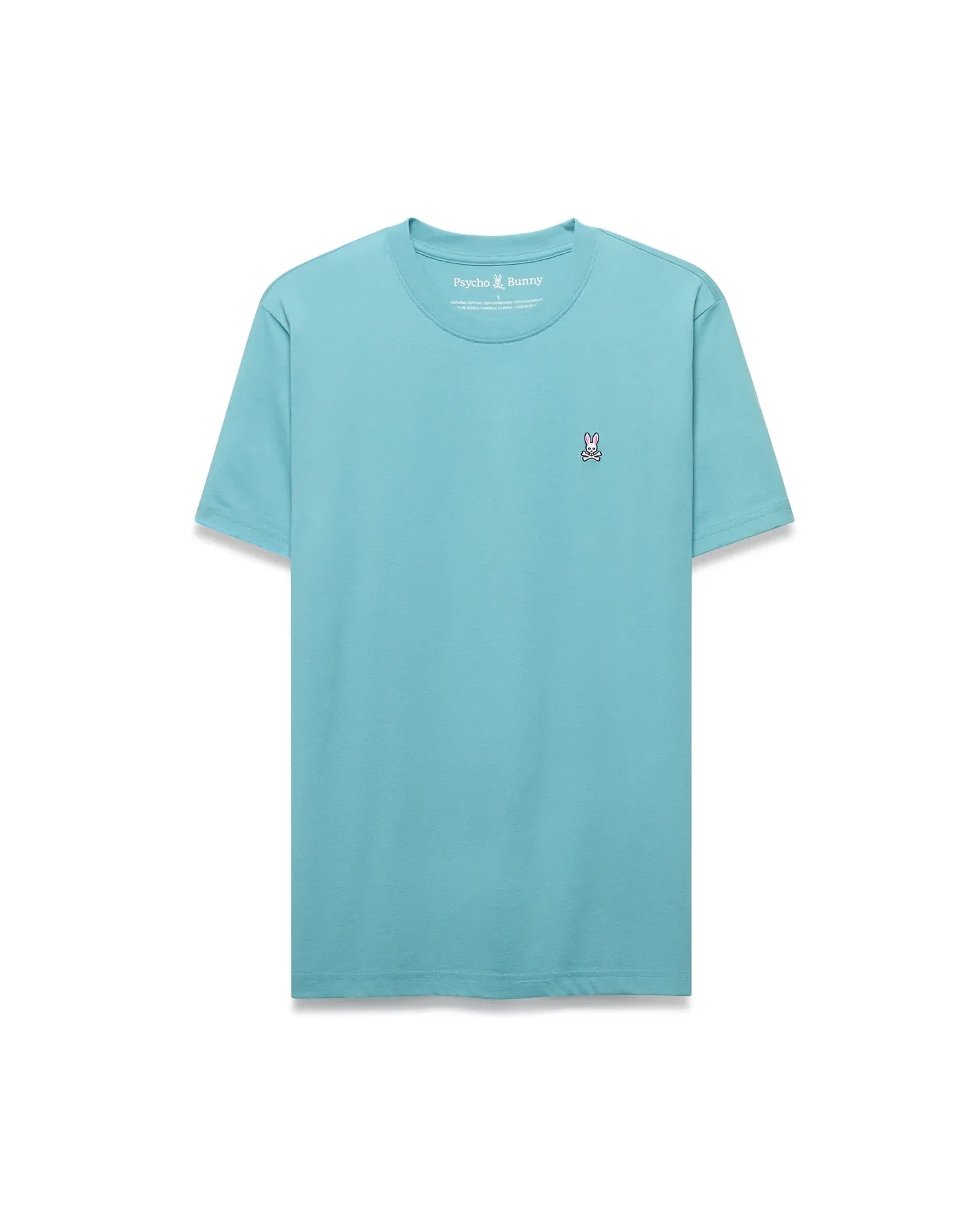 Mens Classic Crew Neck Tee in light teal, featuring a classic fit and smooth jersey fabric. Small embroidered Psycho Bunny skull logo in pink, white, and black on the left chest. (5)