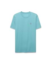 Mens Classic Crew Neck Tee in light teal, featuring a classic fit and smooth jersey fabric. Small embroidered Psycho Bunny skull logo in pink, white, and black on the left chest. (5)