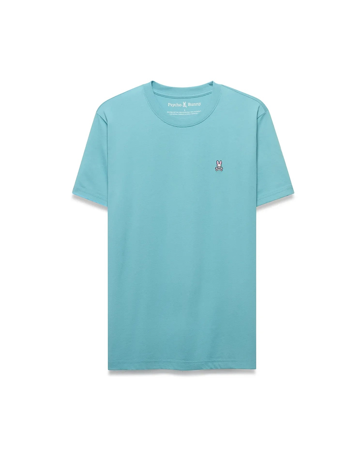 Mens Classic Crew Neck Tee in light teal, featuring a classic fit and smooth jersey fabric. Small embroidered Psycho Bunny skull logo in pink, white, and black on the left chest. (5)