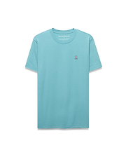 Mens Classic Crew Neck Tee in light teal, featuring a classic fit and smooth jersey fabric. Small embroidered Psycho Bunny skull logo in pink, white, and black on the left chest. (5)