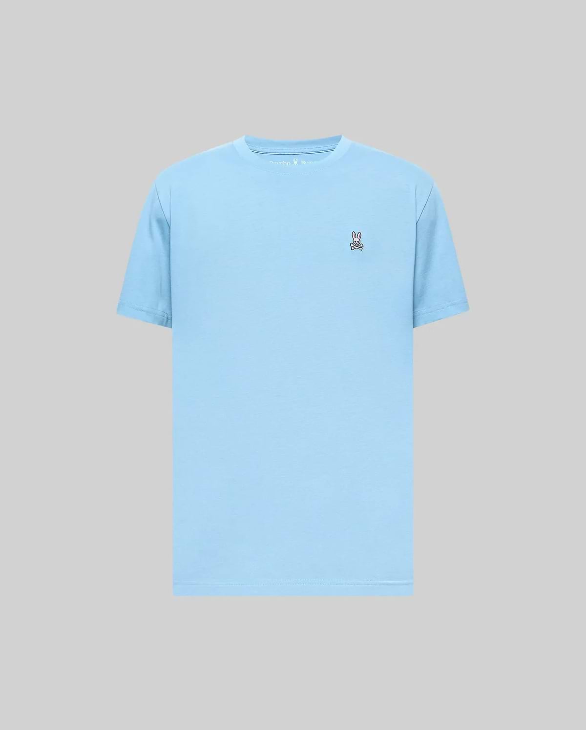 Mens Classic Crew Neck Tee in light blue, featuring a classic fit and smooth jersey fabric, with a small embroidered Psycho Bunny skull logo on the left chest. (1)