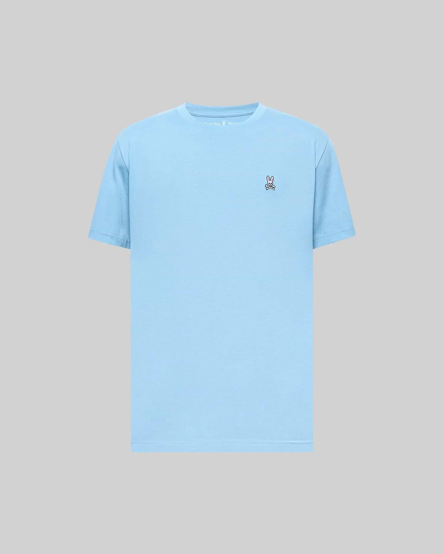 Mens Classic Crew Neck Tee in light blue, featuring a classic fit and smooth jersey fabric, with a small embroidered Psycho Bunny skull logo on the left chest. (1)
