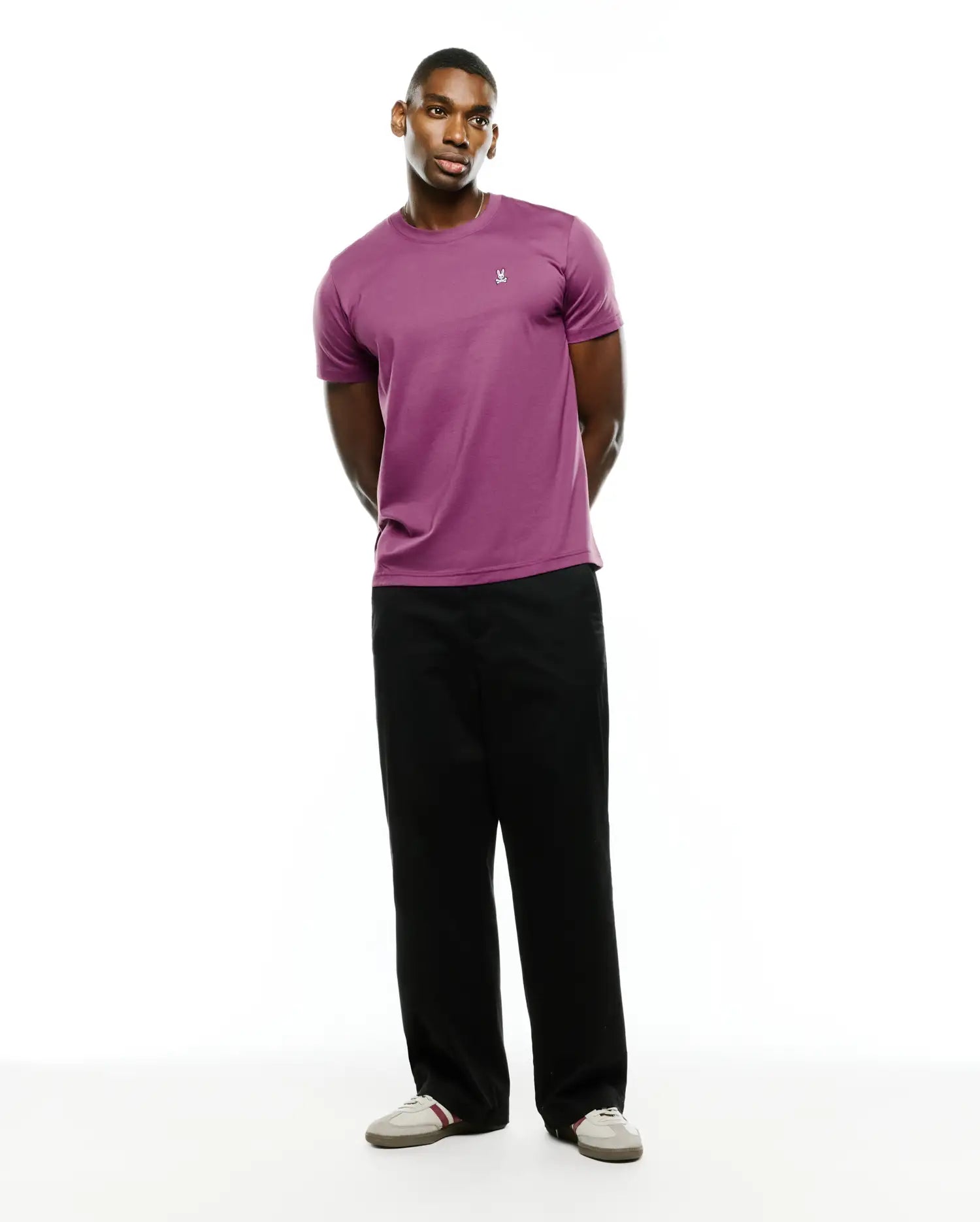 Mens Classic Crew Neck Tee in plum, featuring a smooth jersey knit and a classic fit, with a small white embroidered Psycho Bunny skull logo on the left chest.