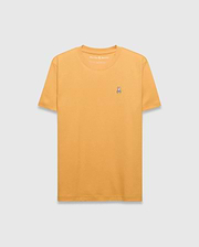 Mens Classic Crew Neck Tee in mustard yellow, featuring a classic fit and smooth jersey fabric. Small embroidered pink, white, and black Psycho Bunny skull logo on the left chest. (1)
