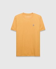 Mens Classic Crew Neck Tee in mustard yellow, featuring a classic fit and smooth jersey fabric. Small embroidered pink, white, and black Psycho Bunny skull logo on the left chest. (1)