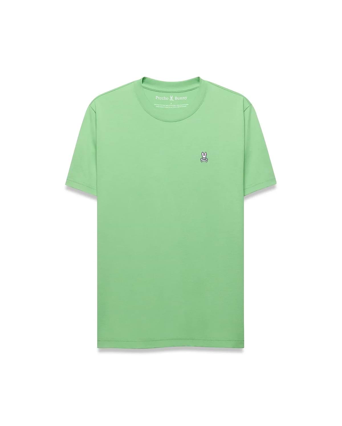 Mens Classic Crew Neck Tee in mint green, featuring a classic fit and smooth jersey knit fabric. Small embroidered Psycho Bunny skull logo with white, black, and pink accents on the left chest.