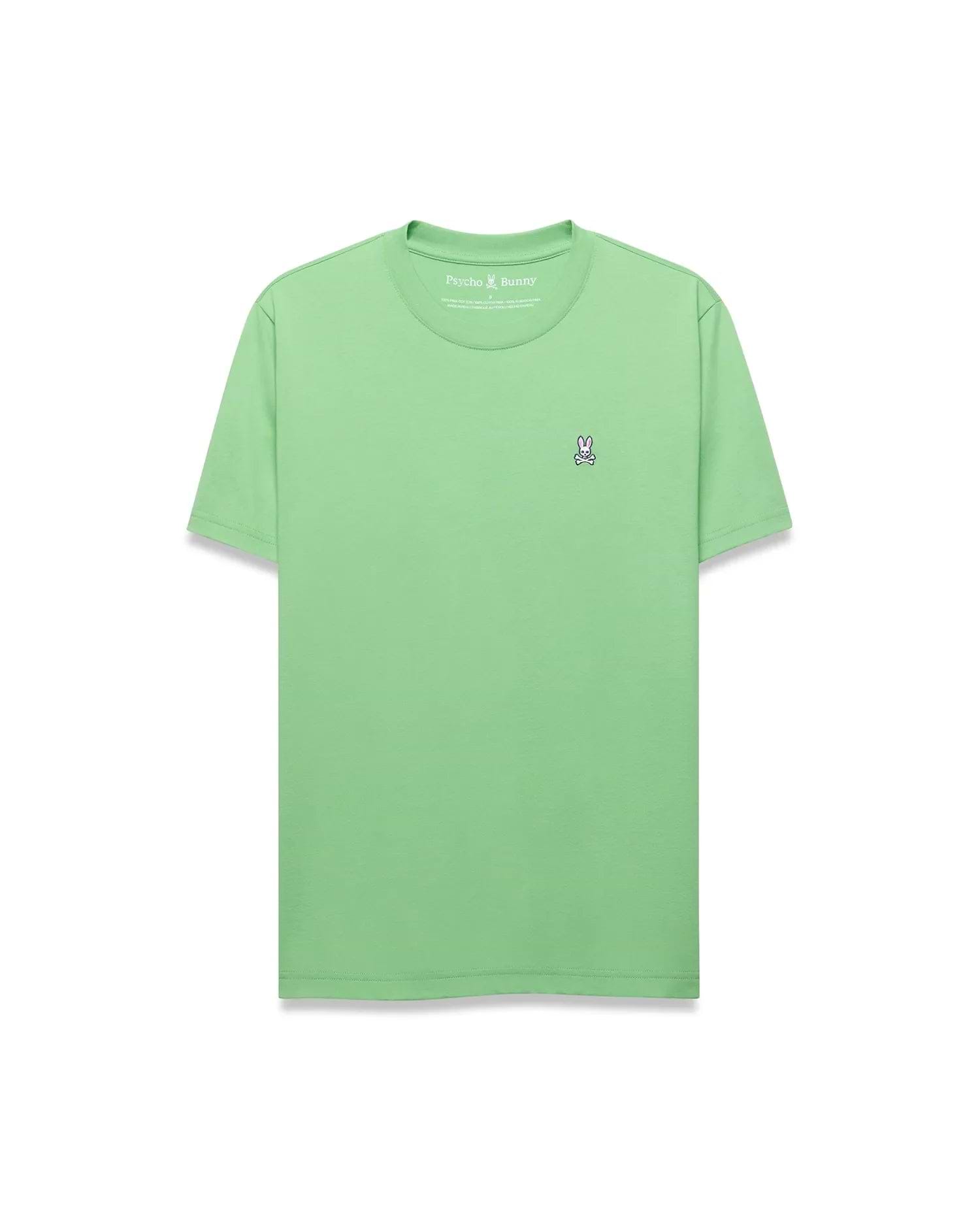 Mens Classic Crew Neck Tee in mint green, featuring a classic fit and smooth jersey knit fabric. Small embroidered Psycho Bunny skull logo with white, black, and pink accents on the left chest.