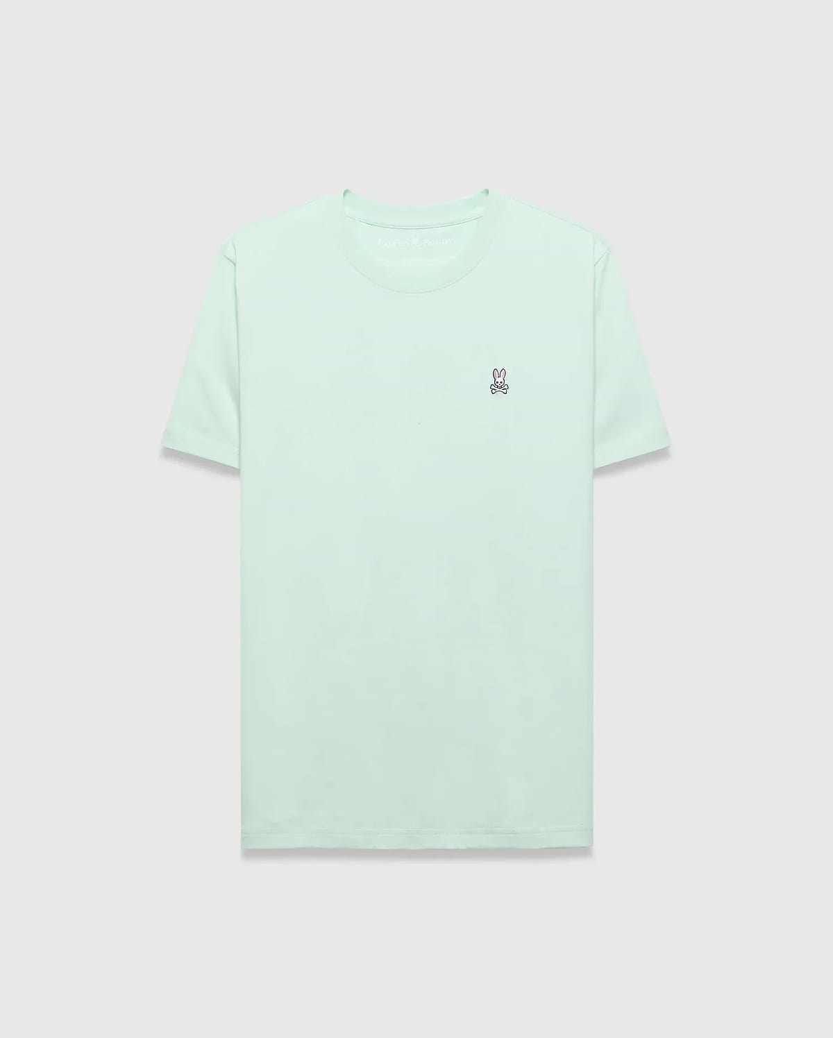 Mens Classic Crew Neck Tee in mint green, featuring a classic fit and smooth jersey knit. Small embroidered pink, white, and black Psycho Bunny skull logo on the left chest. (2)