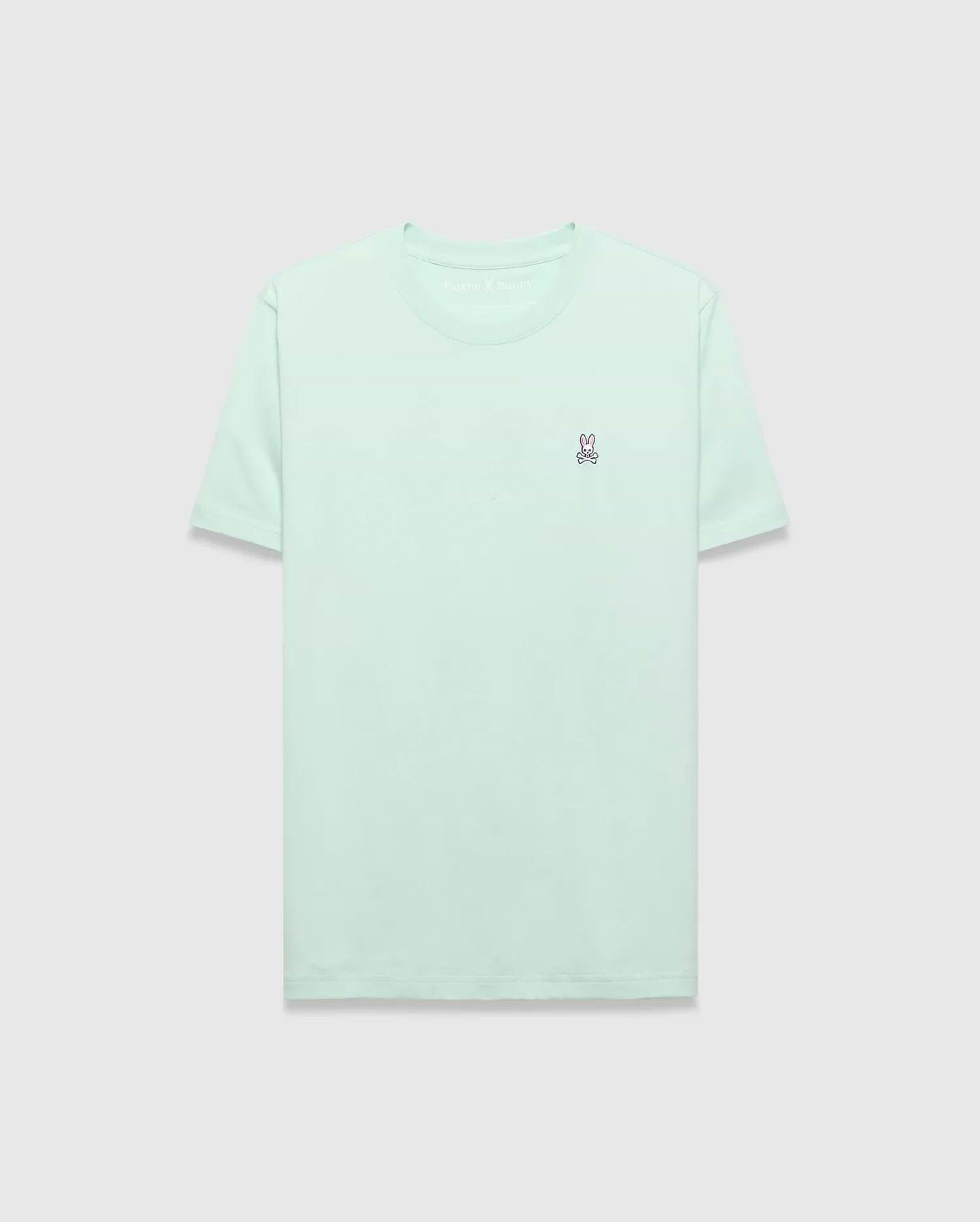 Mens Classic Crew Neck Tee in mint green, featuring a classic fit and smooth jersey knit. Small embroidered pink, white, and black Psycho Bunny skull logo on the left chest. (2)