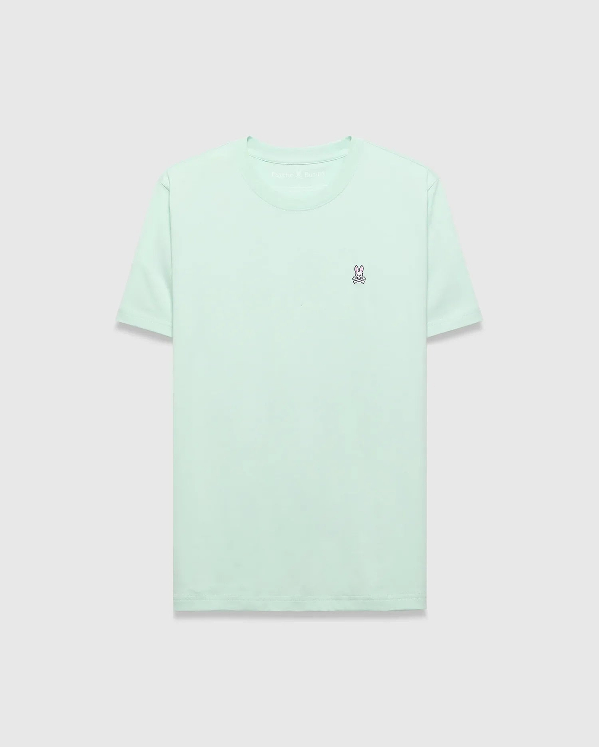 Mens Classic Crew Neck Tee in mint green, featuring a classic fit and smooth jersey knit. Small embroidered pink, white, and black Psycho Bunny skull logo on the left chest. (2)