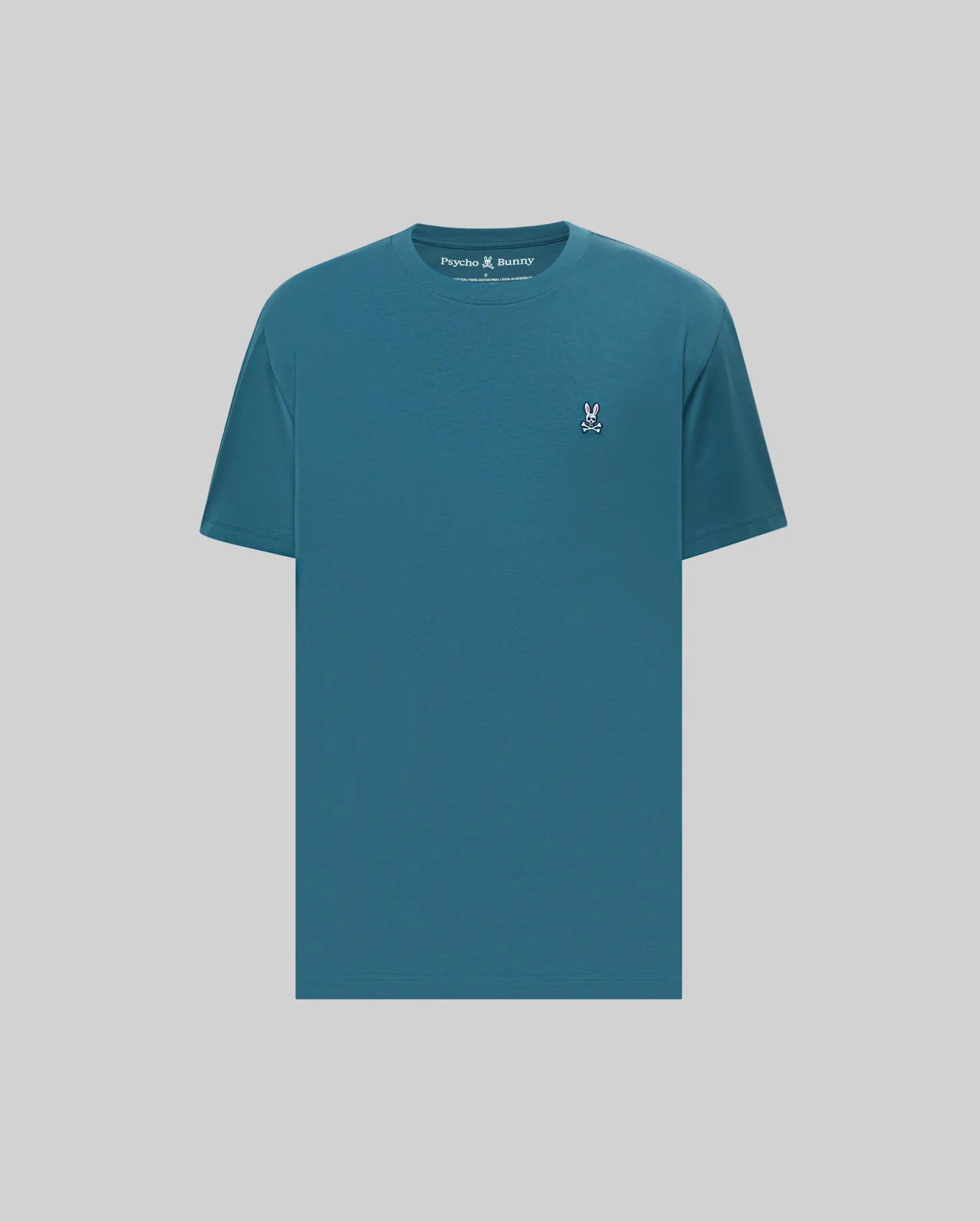 Mens Classic Crew Neck Tee in teal, featuring a classic fit and smooth jersey fabric, with a small embroidered pink, white, and black Psycho Bunny skull logo on the left chest. (2)