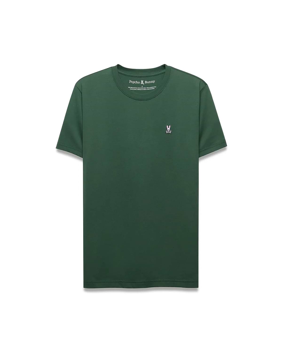 Dark green Mens Classic Crew Neck Tee, classic fit, smooth jersey knit. Features a small, embroidered pink, white, and black Psycho Bunny skull logo on the left chest.