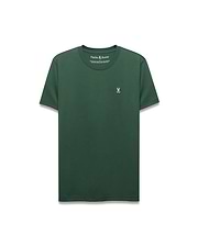 Dark green Mens Classic Crew Neck Tee, classic fit, smooth jersey knit. Features a small, embroidered pink, white, and black Psycho Bunny skull logo on the left chest.