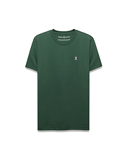 Dark green Mens Classic Crew Neck Tee, classic fit, smooth jersey knit. Features a small, embroidered pink, white, and black Psycho Bunny skull logo on the left chest.