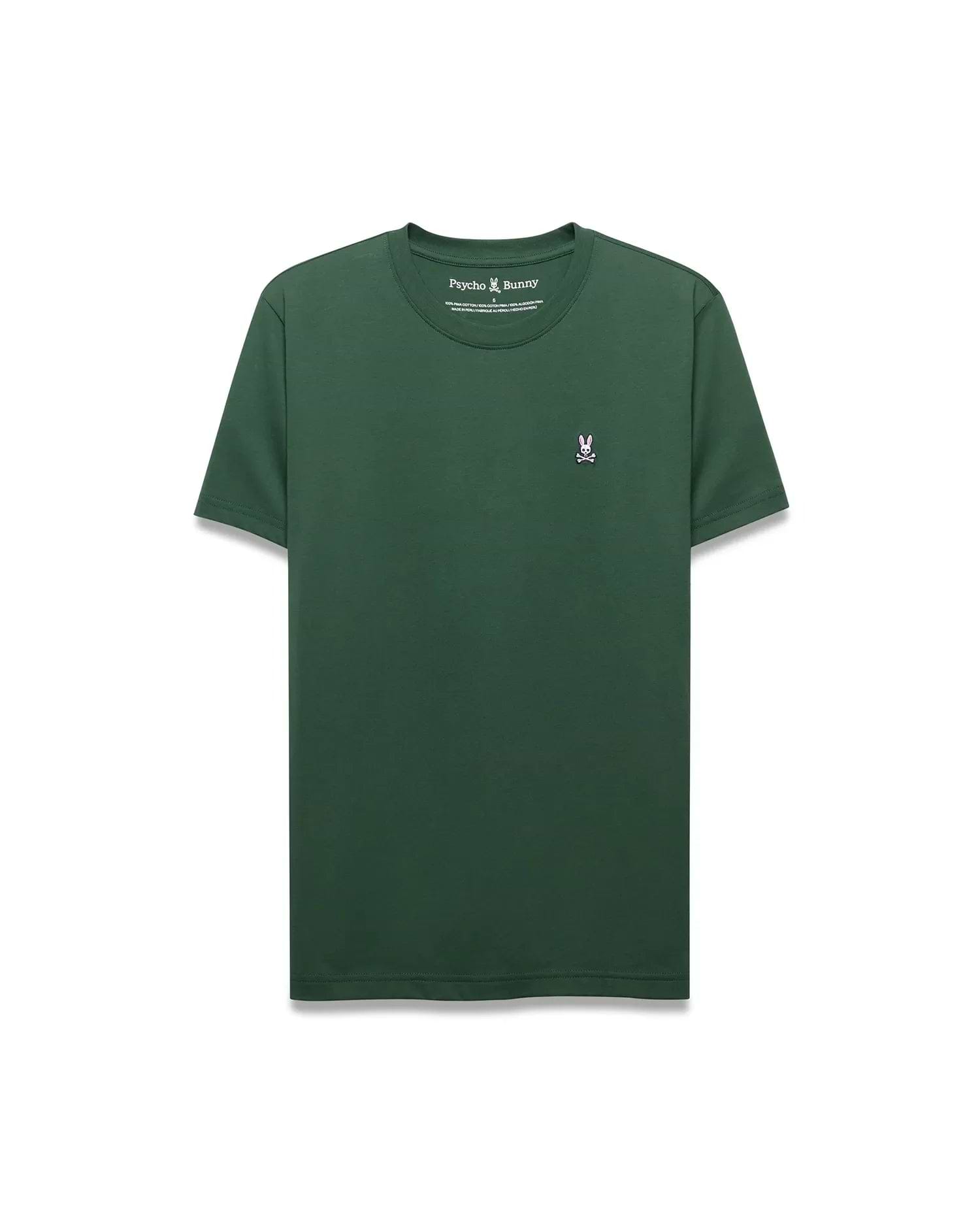 Dark green Mens Classic Crew Neck Tee, classic fit, smooth jersey knit. Features a small, embroidered pink, white, and black Psycho Bunny skull logo on the left chest.