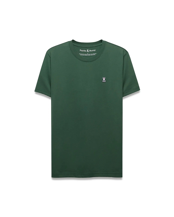Dark green Mens Classic Crew Neck Tee, classic fit, smooth jersey knit. Features a small, embroidered pink, white, and black Psycho Bunny skull logo on the left chest.