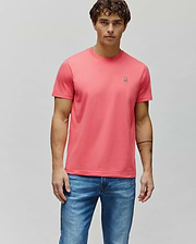 Mens Classic Crew Neck Tee in coral, featuring a classic fit and soft jersey knit fabric. Small embroidered Psycho Bunny skull logo on the left chest with white, black, and pink details. (4)