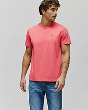 Mens Classic Crew Neck Tee in vibrant coral, featuring a smooth jersey knit and a classic fit. Small embroidered Psycho Bunny skull logo with white, blue, and red accents on the left chest. (1)