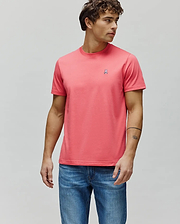 Mens Classic Crew Neck Tee in vibrant coral, featuring a smooth jersey knit and a classic fit. Small embroidered Psycho Bunny skull logo with white, blue, and red accents on the left chest. (1)