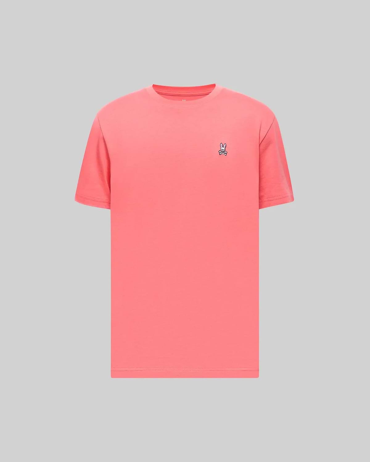 Mens Classic Crew Neck Tee in vibrant coral, featuring a classic fit and smooth jersey knit. Small embroidered Psycho Bunny skull logo in white, black, and red on the left chest. (2)