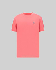 Mens Classic Crew Neck Tee in vibrant coral, featuring a classic fit and smooth jersey knit. Small embroidered Psycho Bunny skull logo in white, black, and red on the left chest. (2)