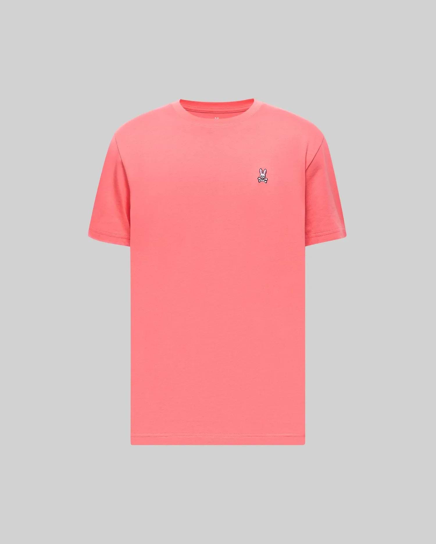 Mens Classic Crew Neck Tee in vibrant coral, featuring a classic fit and smooth jersey knit. Small embroidered Psycho Bunny skull logo in white, black, and red on the left chest. (2)