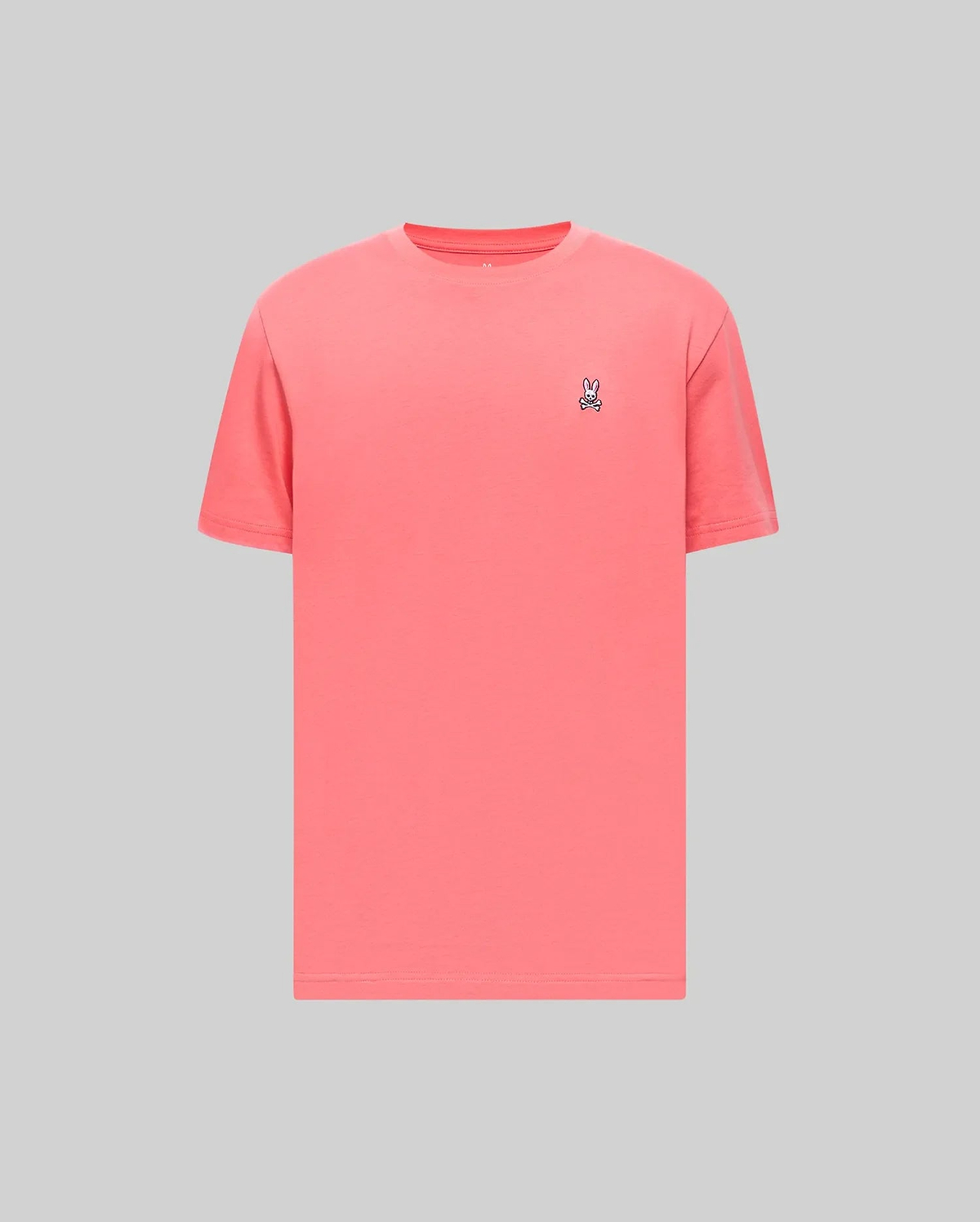 Mens Classic Crew Neck Tee in vibrant coral, featuring a classic fit and smooth jersey knit. Small embroidered Psycho Bunny skull logo in white, black, and red on the left chest. (2)