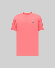 Mens Classic Crew Neck Tee in vibrant coral, featuring a classic fit and smooth jersey knit. Small embroidered Psycho Bunny skull logo in white, black, and red on the left chest. (2)