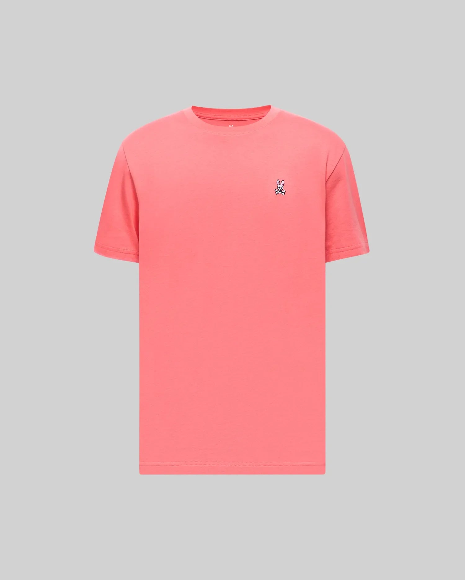 Mens Classic Crew Neck Tee in vibrant coral, featuring a classic fit and smooth jersey knit. Small embroidered Psycho Bunny skull logo in white, black, and red on the left chest. (2)