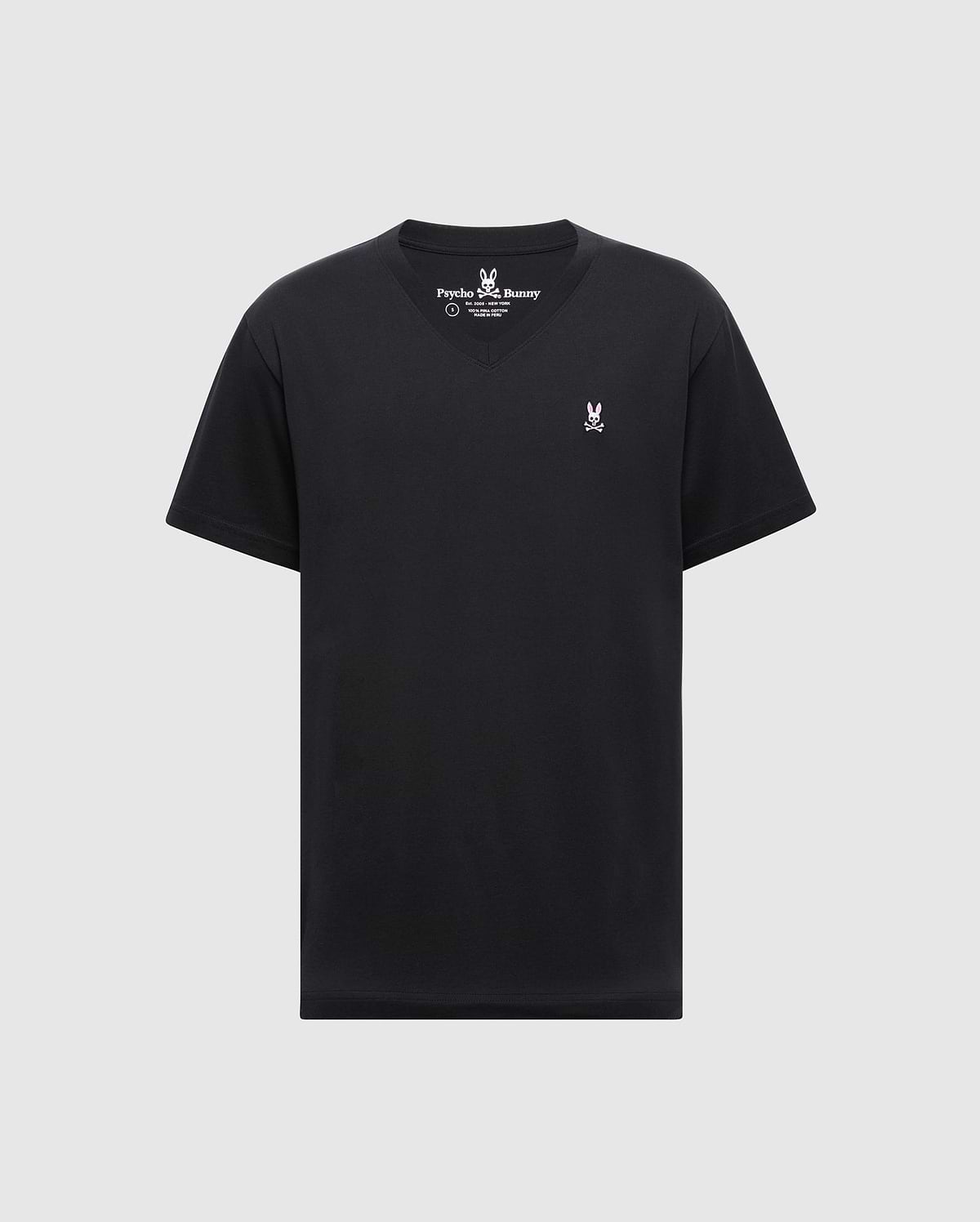 The MENS CLASSIC V NECK TEE - B6U100ARPC by Psycho Bunny is a black Pima cotton T-shirt featuring a small white logo near the left chest, set against a plain light gray background.