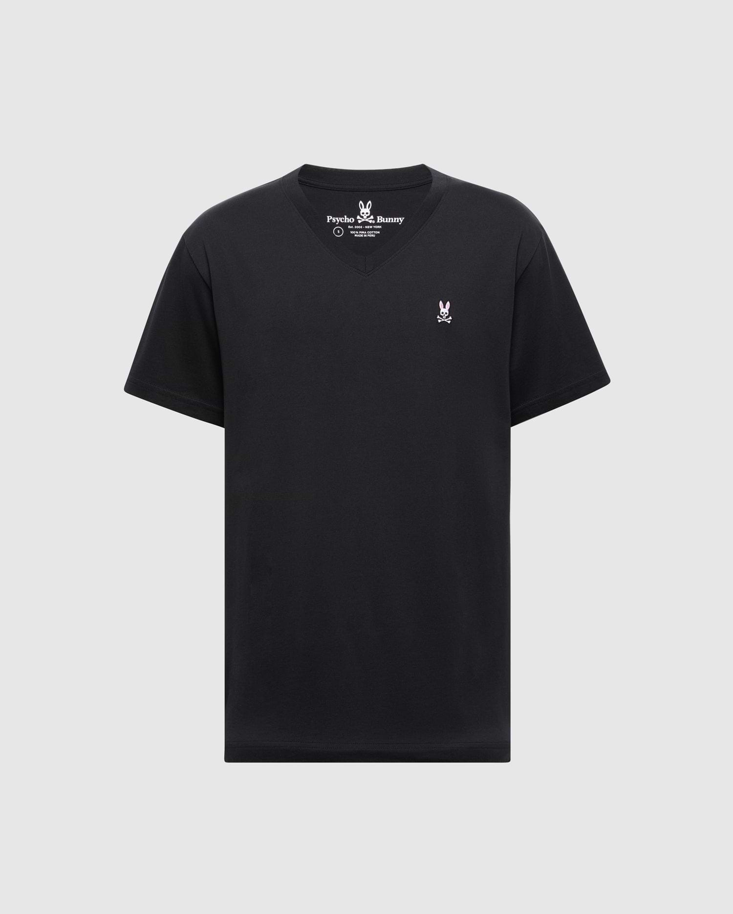 The MENS CLASSIC V NECK TEE - B6U100ARPC by Psycho Bunny is a black Pima cotton T-shirt featuring a small white logo near the left chest, set against a plain light gray background.