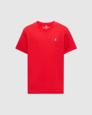 The Psycho Bunny MEN'S CLASSIC V NECK TEE - B6U100CRPC, in red Pima cotton, has a blue embroidered logo on the left chest. Pictured on a white background, it seamlessly combines style and comfort.