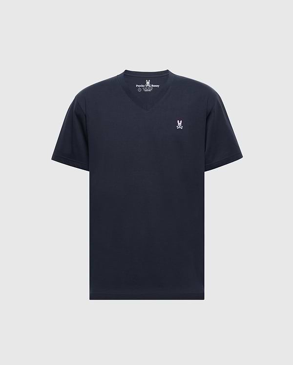 The Psycho Bunny MENS CLASSIC V NECK TEE - B6U100ARPC is a sleek Pima cotton t-shirt with a small white rabbit logo on the left chest, set against a plain backdrop.