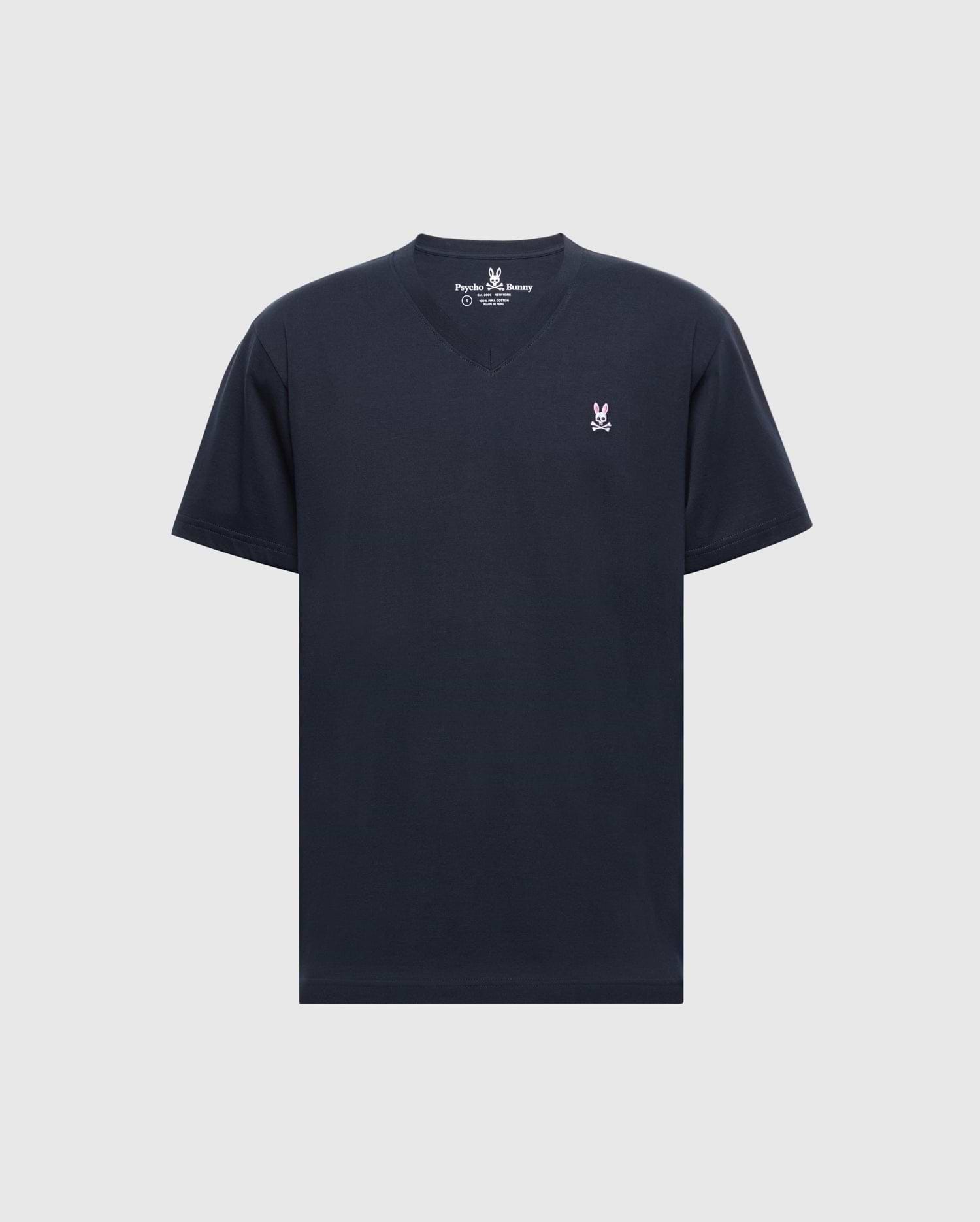 The Psycho Bunny MENS CLASSIC V NECK TEE - B6U100ARPC is a sleek Pima cotton t-shirt with a small white rabbit logo on the left chest, set against a plain backdrop.
