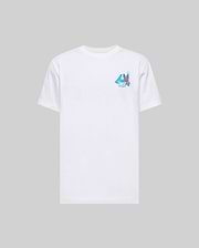 The Psycho Bunny MENS MONTREAL TEE (B6U381F200) is a plain white short-sleeve Pima cotton t-shirt featuring a small blue and pink graphic on the left chest, shown against a light gray background.