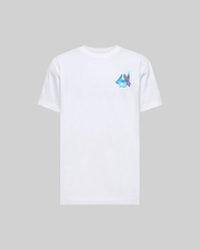 The Psycho Bunny MENS MONTREAL TEE (B6U381F200) is a plain white short-sleeve Pima cotton t-shirt featuring a small blue and pink graphic on the left chest, shown against a light gray background.