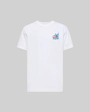 The Psycho Bunny MENS TORONTO TEE (B6U383F200) is a plain white Pima cotton short-sleeve shirt featuring a small, colorful graphic with text and a blue outlined skyline on the left chest, shown on a light gray background. (6)