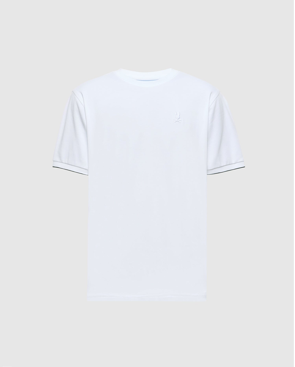 The Psycho Bunny MENS BRYCE PERFORMANCE TEE - B6U490F200 is a white, slim-fit short-sleeve T-shirt crafted from a Modal-Pima cotton blend. It features a small, subtle embroidered logo on the upper left side and has a minimalistic design with no additional patterns or colors.