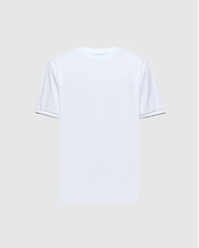 The Psycho Bunny MENS BRYCE PERFORMANCE TEE - B6U490F200 is a white, slim-fit short-sleeve T-shirt crafted from a Modal-Pima cotton blend. It features a small, subtle embroidered logo on the upper left side and has a minimalistic design with no additional patterns or colors.
